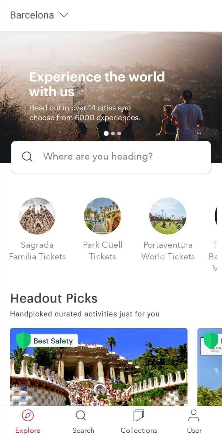 Headout main travel booking app mobile page.