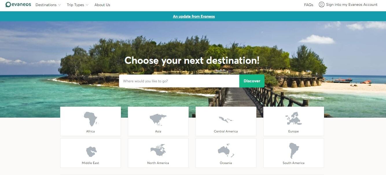 Evaneos destination home page search feature.