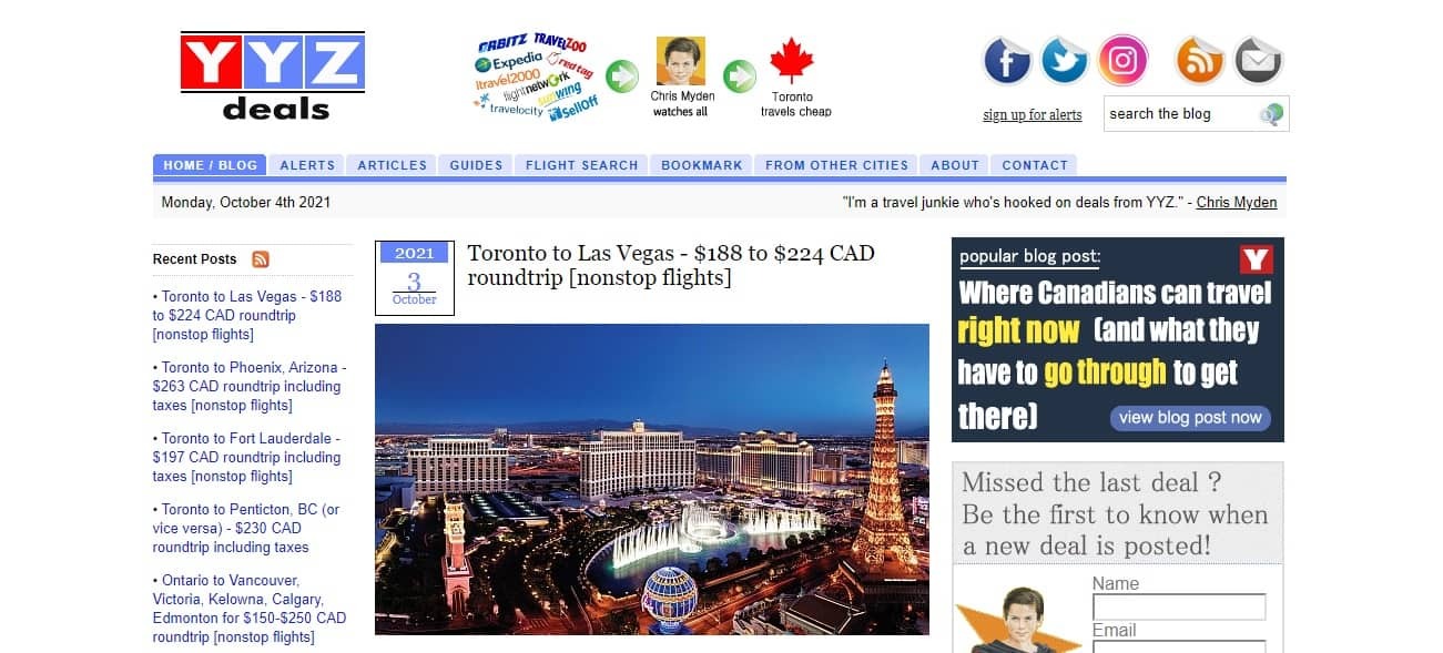 YYZ Deals website featuring deals from Toronto to Las Vegas.