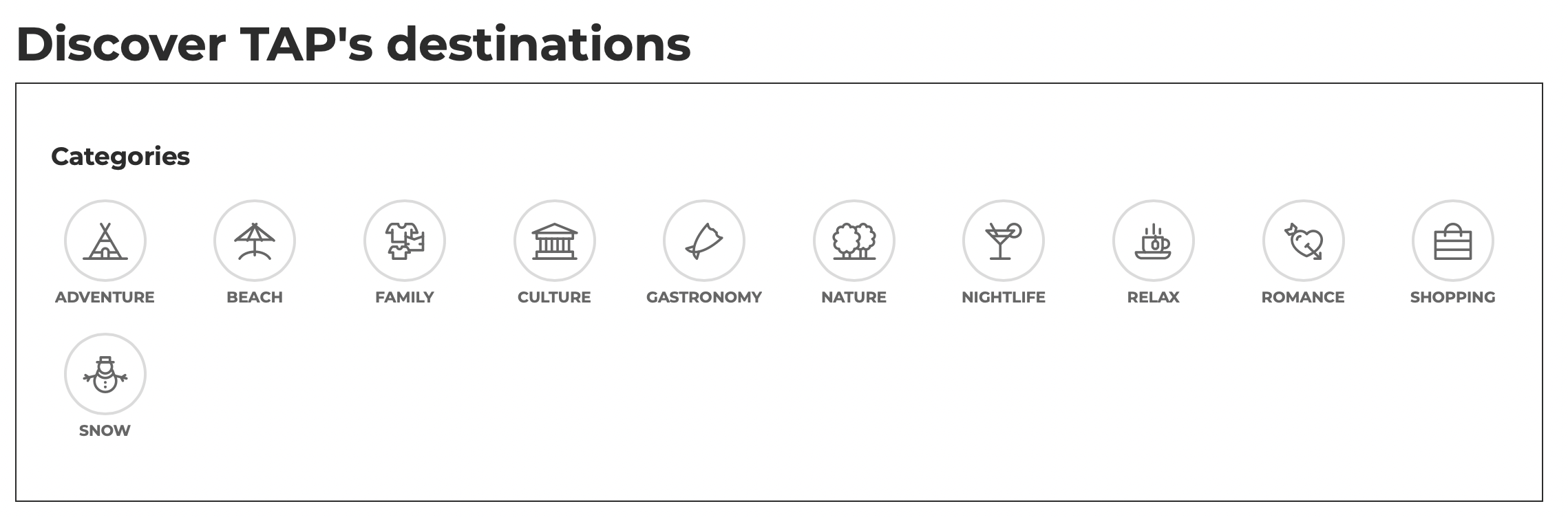 TAP Air Portugal's Discover destinations feature.