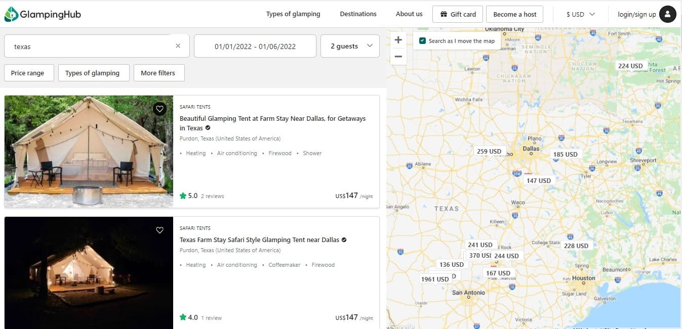 Glampinghub texas glamping booking preview.