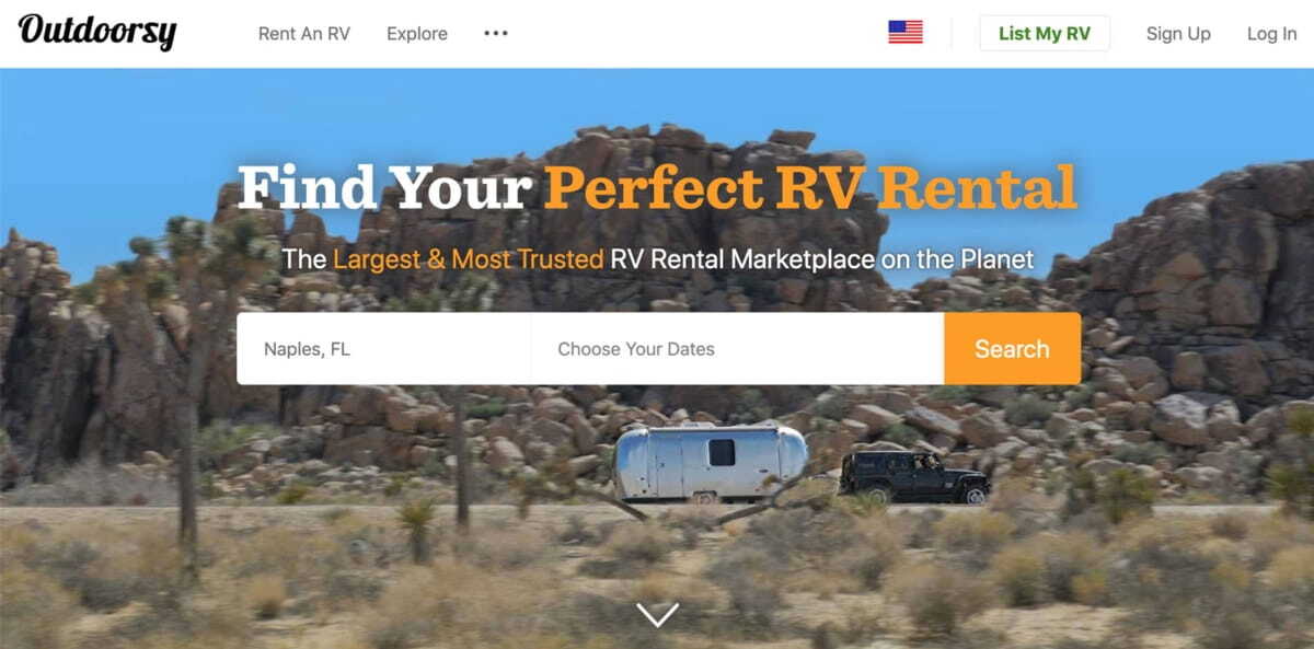 Outdoorsy RV Rental homepage.