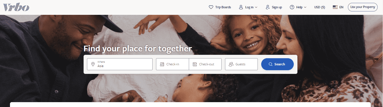 Vrbo search for vacation rentals and listings main page.
