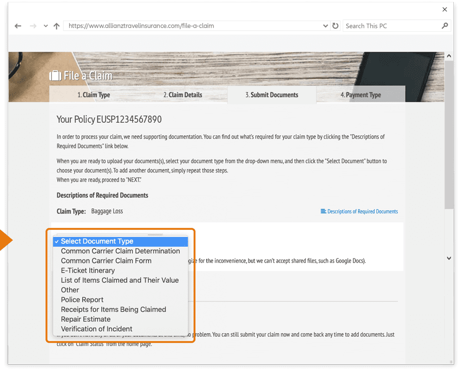 Filing a claim with Allianz Travel Insurance.