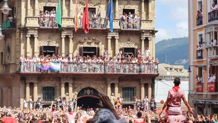 Crowds and street view of running of the bulls event.