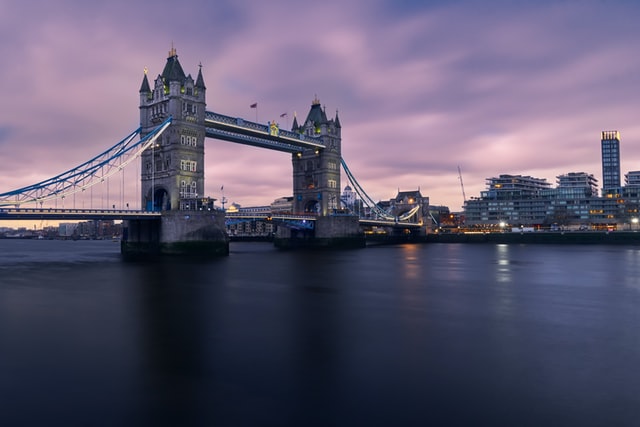 London Bridge with purple pink skies in the UK