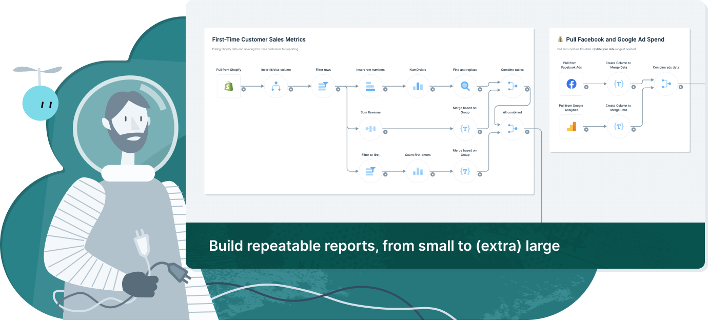 An astronaut builder standing next to a screenshot with a complex Parabola Flow (including integrations and data joins)