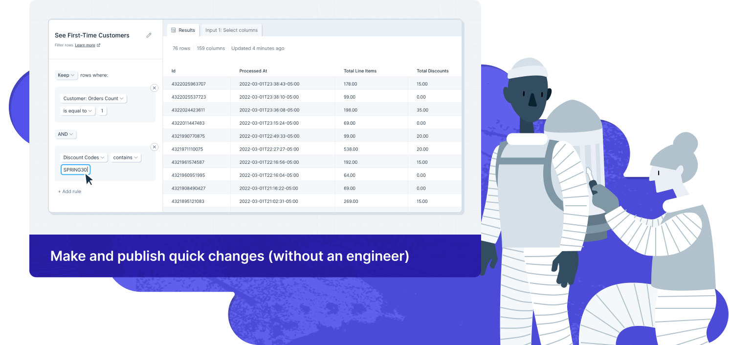 Two astronauts standing next to a screenshot showing a Parabola step. The Step is filtering to new customers who have used a specific discount code.
