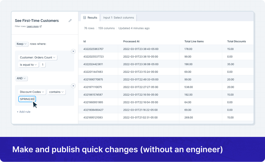 A screenshot of a Parabola step, showing a user filtering by New Customers (order count = 1, and for users of a discount code.