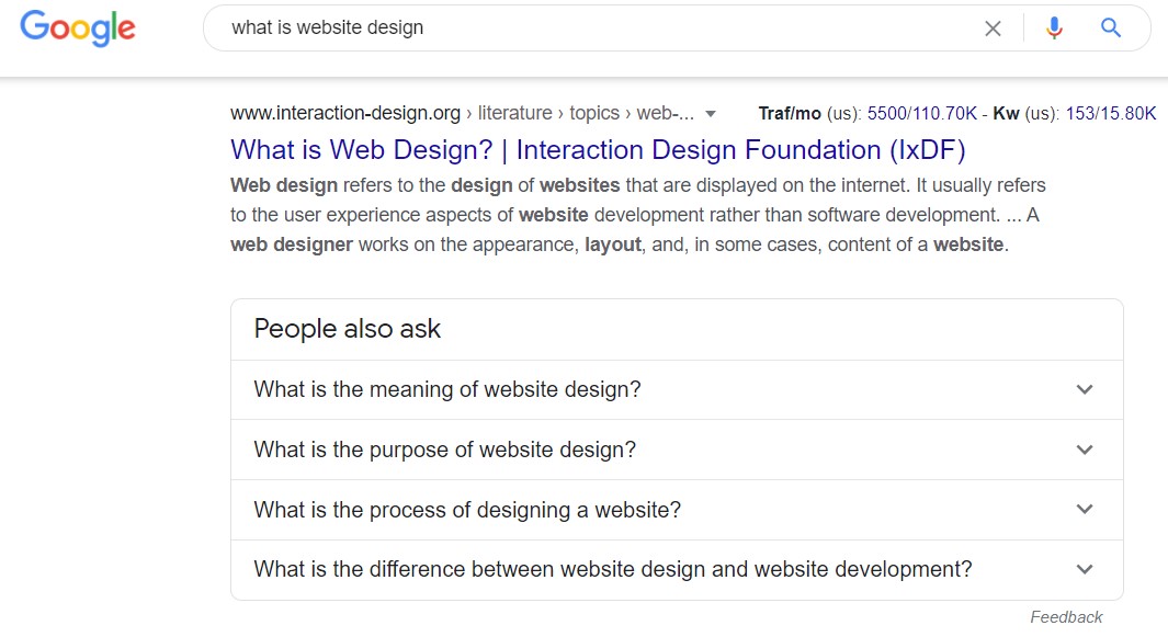 screen grab of SERP for "what is website design?"