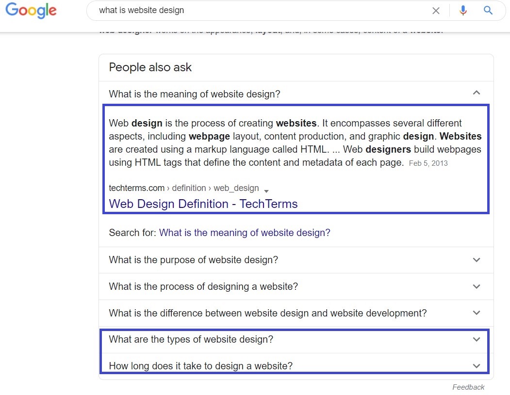 screen grab of SERP for "what is website design?" but with one drop-down option opened