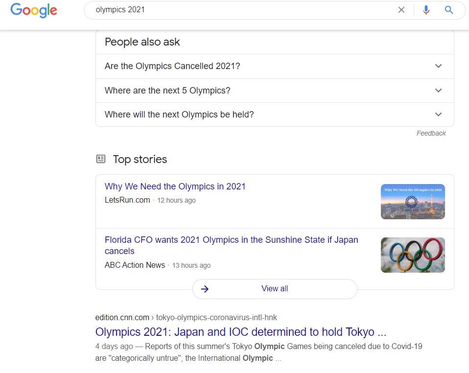 rich SERP for "Olympics 2021"