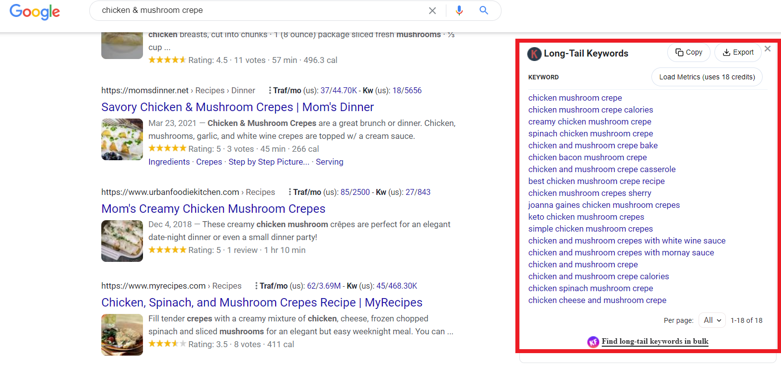 Search engine results page for chicken & mushroom crepe with Keywords Everywhere extension