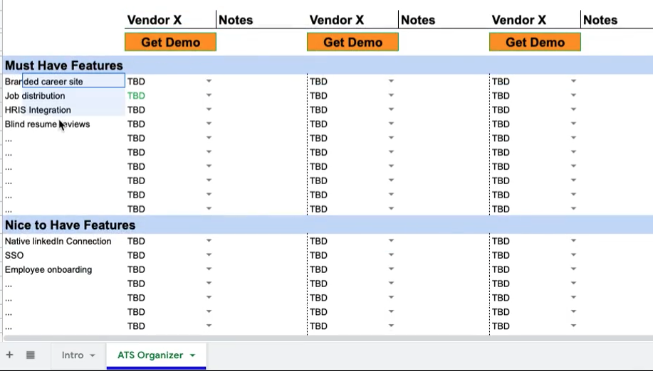 HR Software comparison spreadsheet