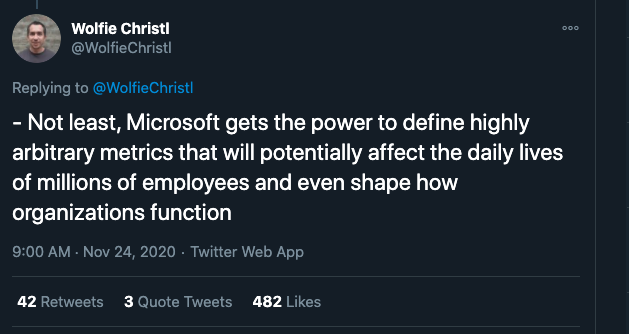 Screenshot of a Twitter thread warning how arbitrary metrics will potentially affect the daily lives of millions of employees and shop organizations function