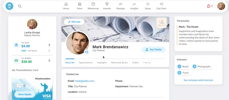 An example of an employee profile in Motivosity