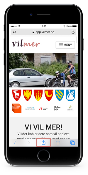 iPhone viser VilMers nettside i Safari, med markering rundt delingsikonet.