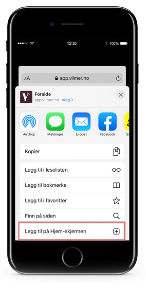 iPhone som viser knappen "Legg til på Hjem-skjerm" i delingsmenyen i Safari.