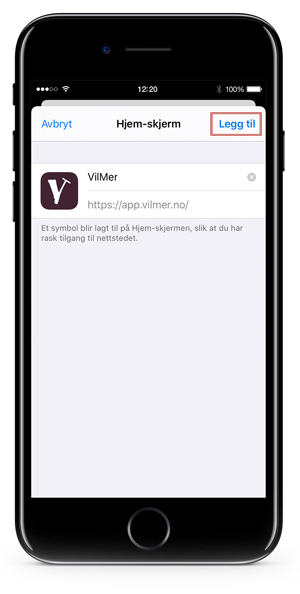 iPhone viser hvor man velger å legge til ikon på hjemskjerm fra Safari
