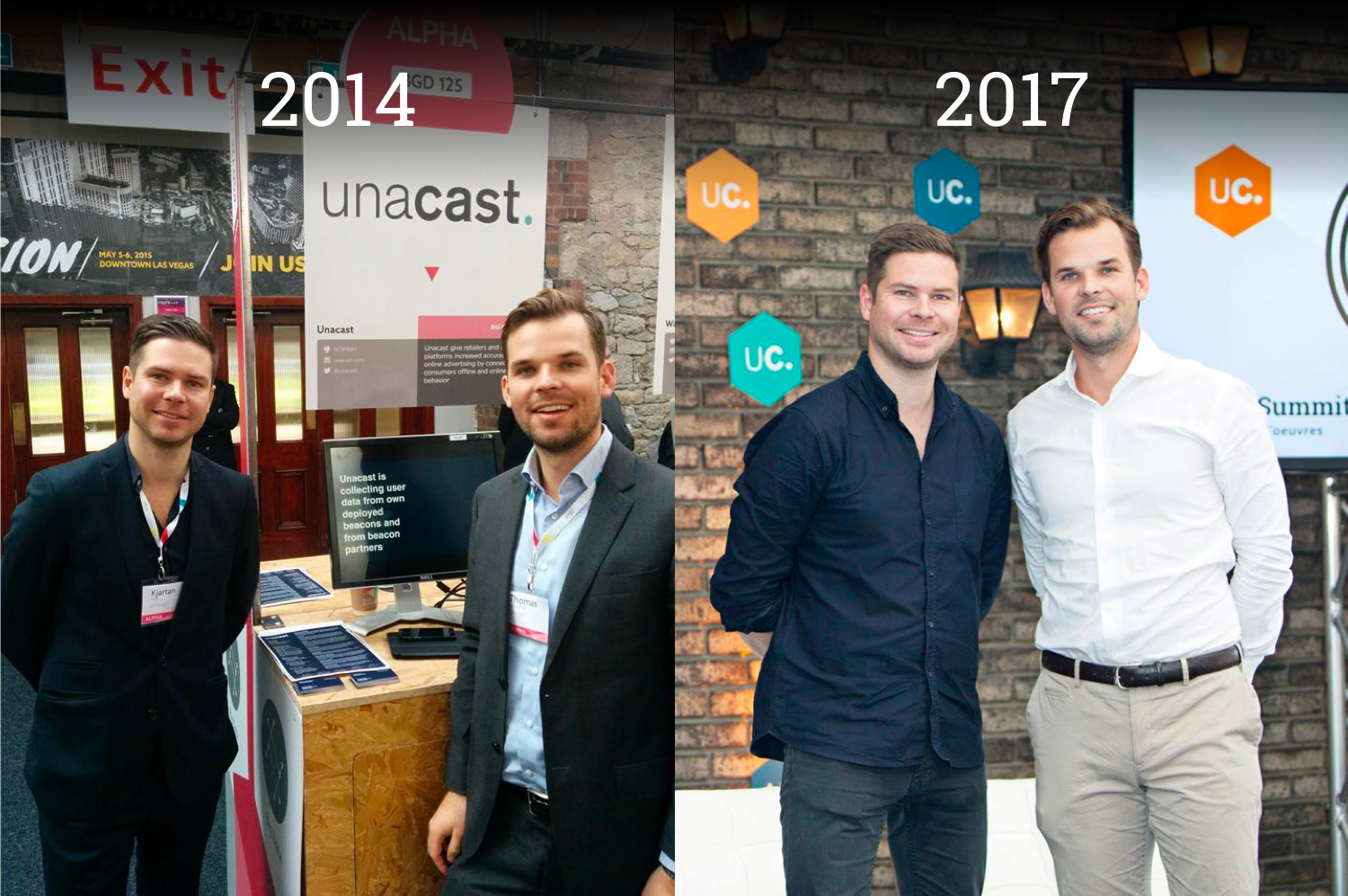 Unacast Co-Founders Kjartan (KJ) Slette and Thomas Walle throughout the years