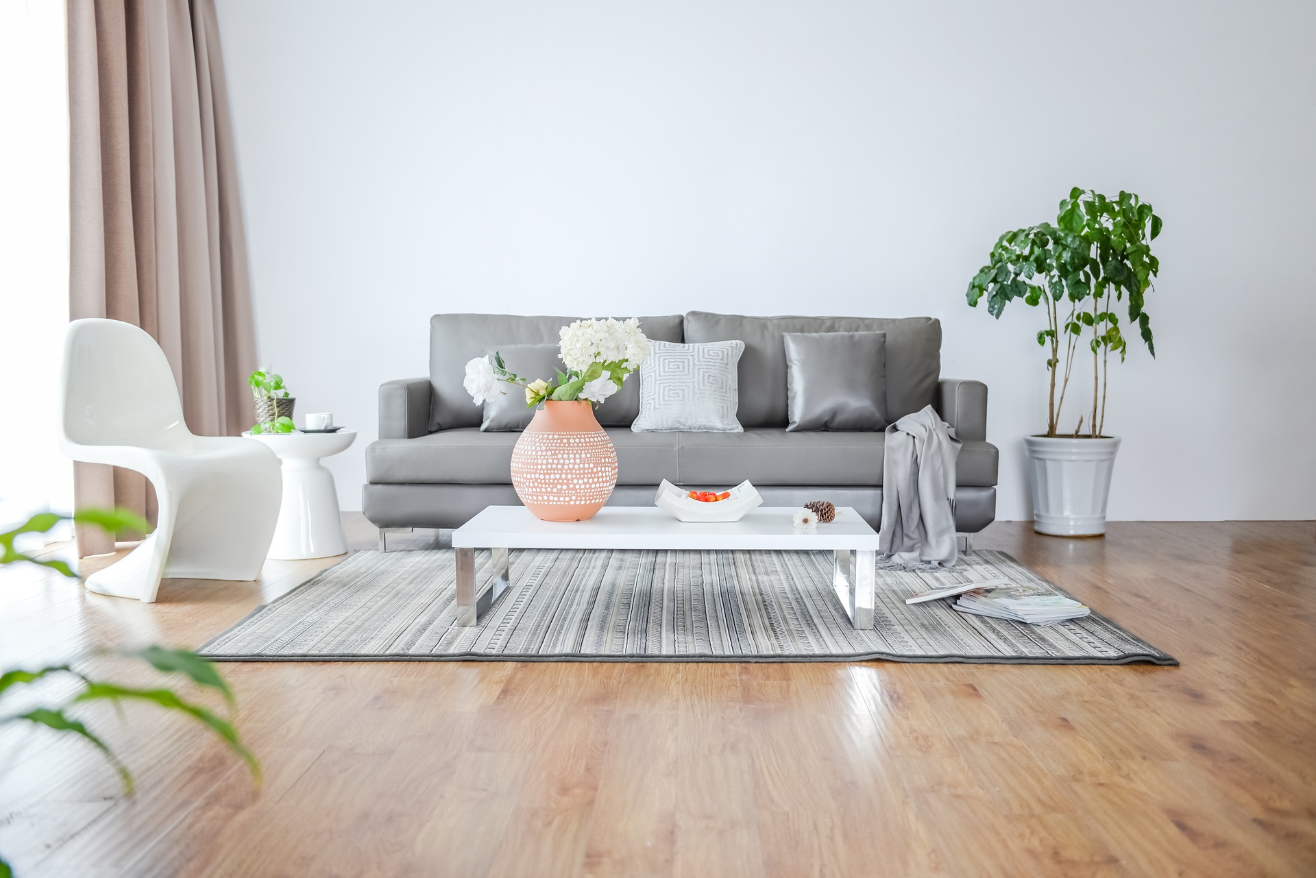 clean home with couch, plants and floor