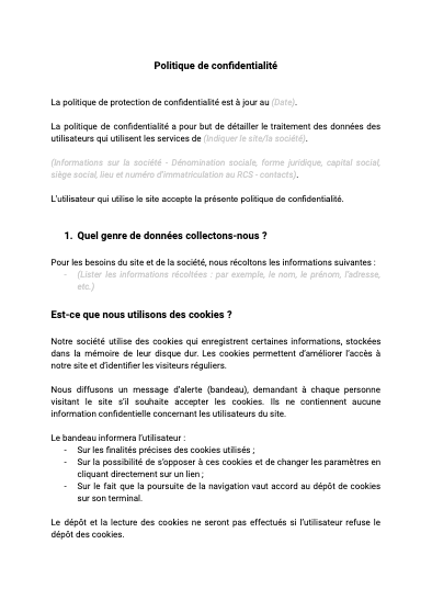 Politique de confidentialité RGPD - document et modèle à télécharger