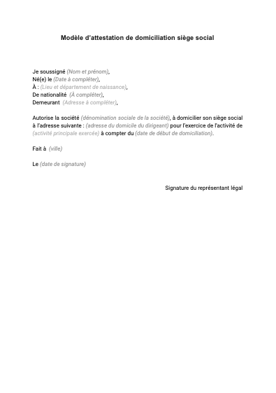 Attestation De Domiciliation De Siège Social