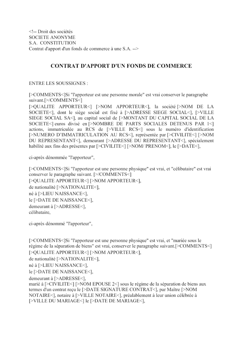 contrat dapport dun fonds de commerce  une sa document  modele