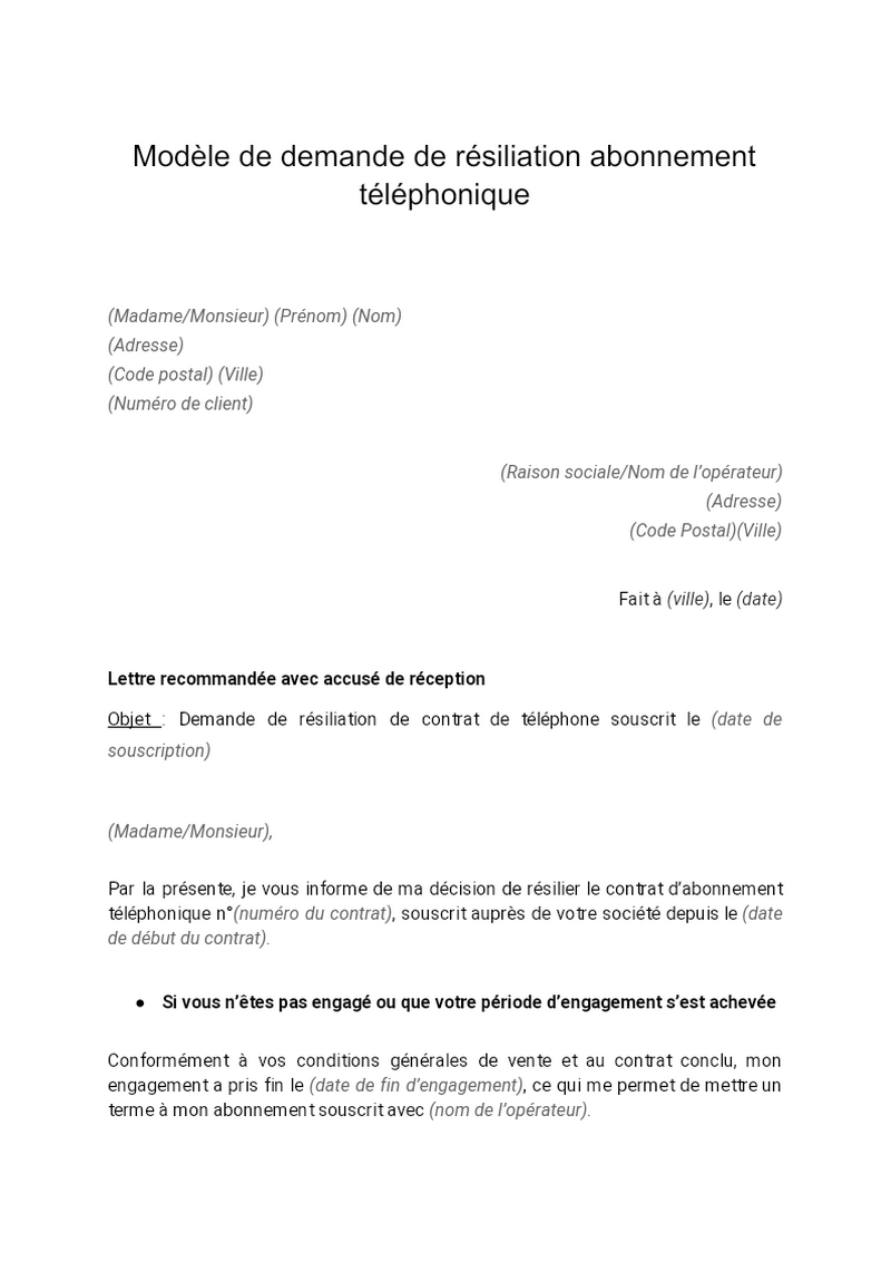 Modele Resiliation Abonnement Mod les Gratuits De Lettres De 