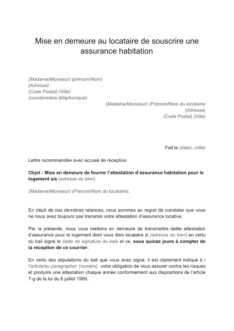 Mise en demeure au locataire de souscrire une assurance habitation document et modèle à