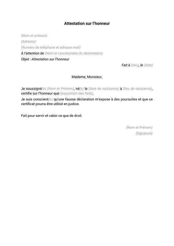 Mod le Attestation Sur L Honneur tudiant MQIO