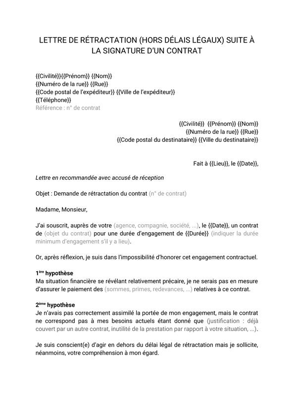Lettre De R tractation La Suite De La Signature D un Contrat Mod le 