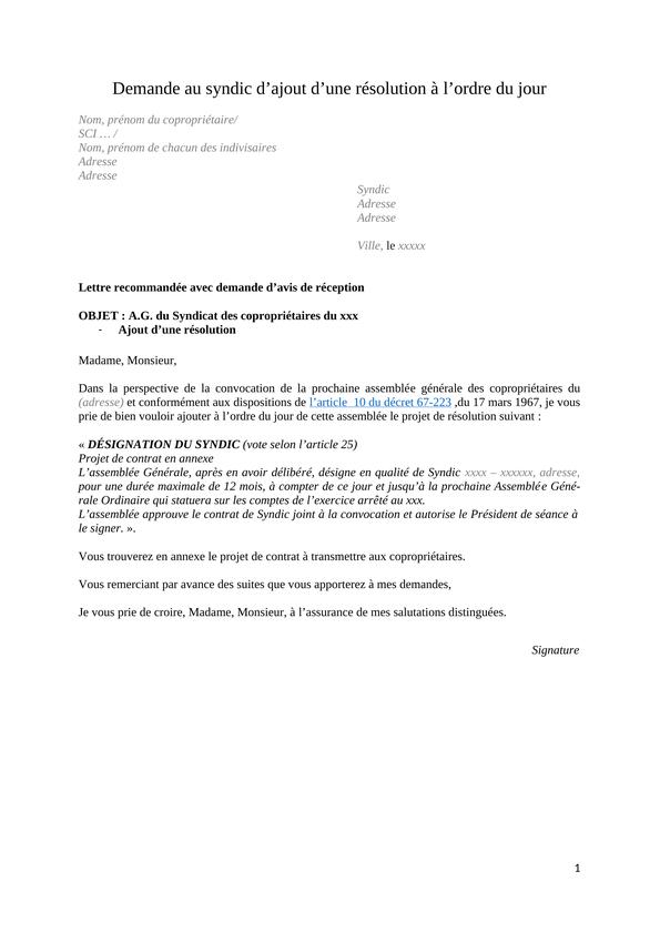 Demande au syndic d'ajout d'une résolution à l'ordre du jour fiche ...