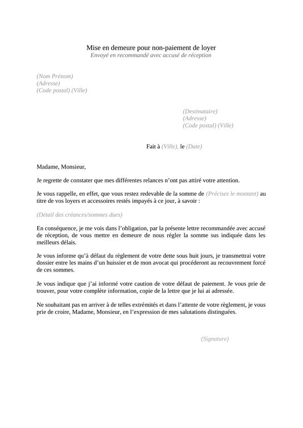 Mise en demeure loyer impayé modèle gratuit à télécharger (2023)