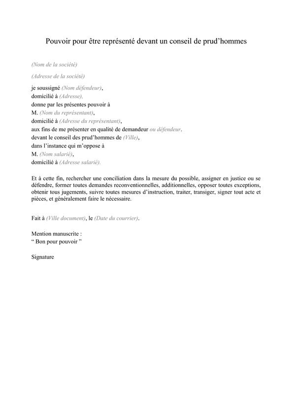 Pouvoir spécial de représentation conseil prud'hommes modèle