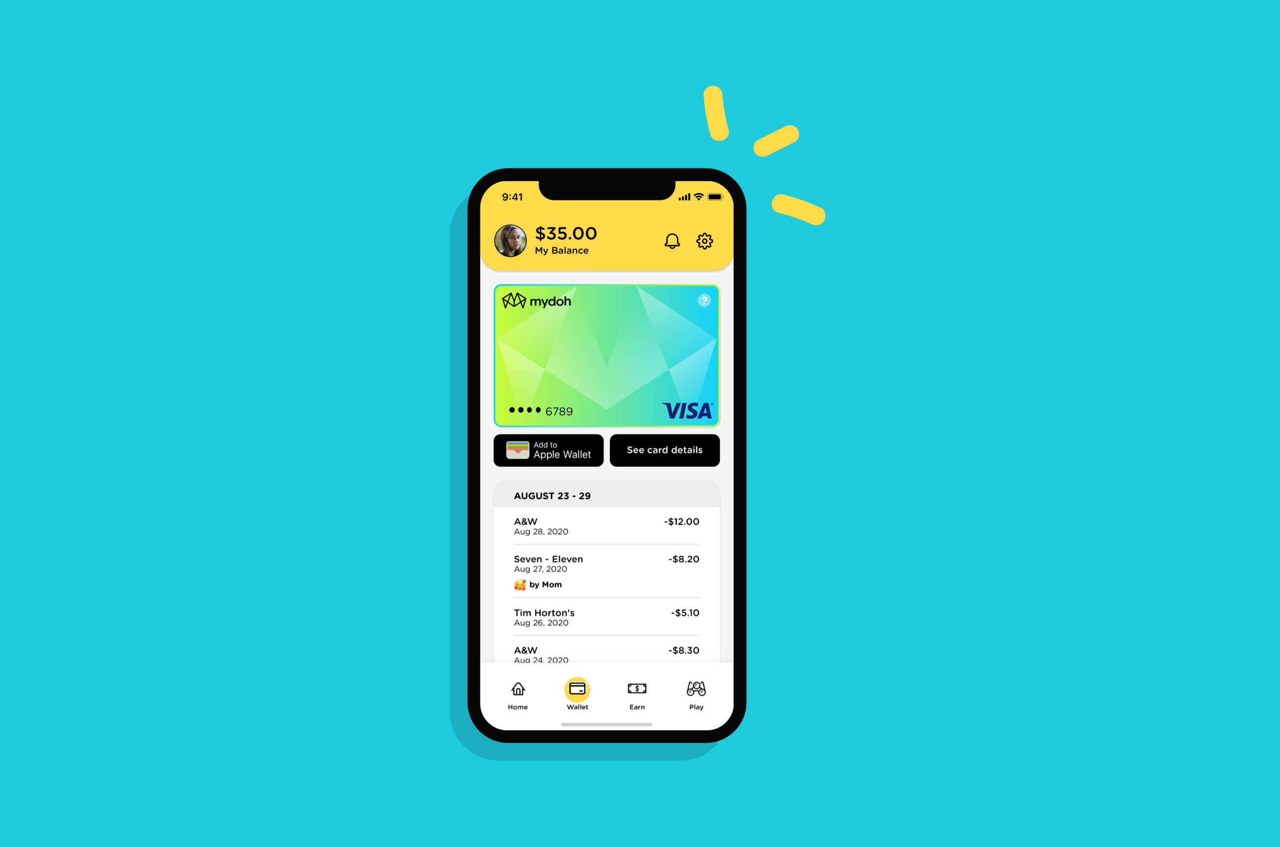 Mydoh app open on a mobile phone showing child wallet screen