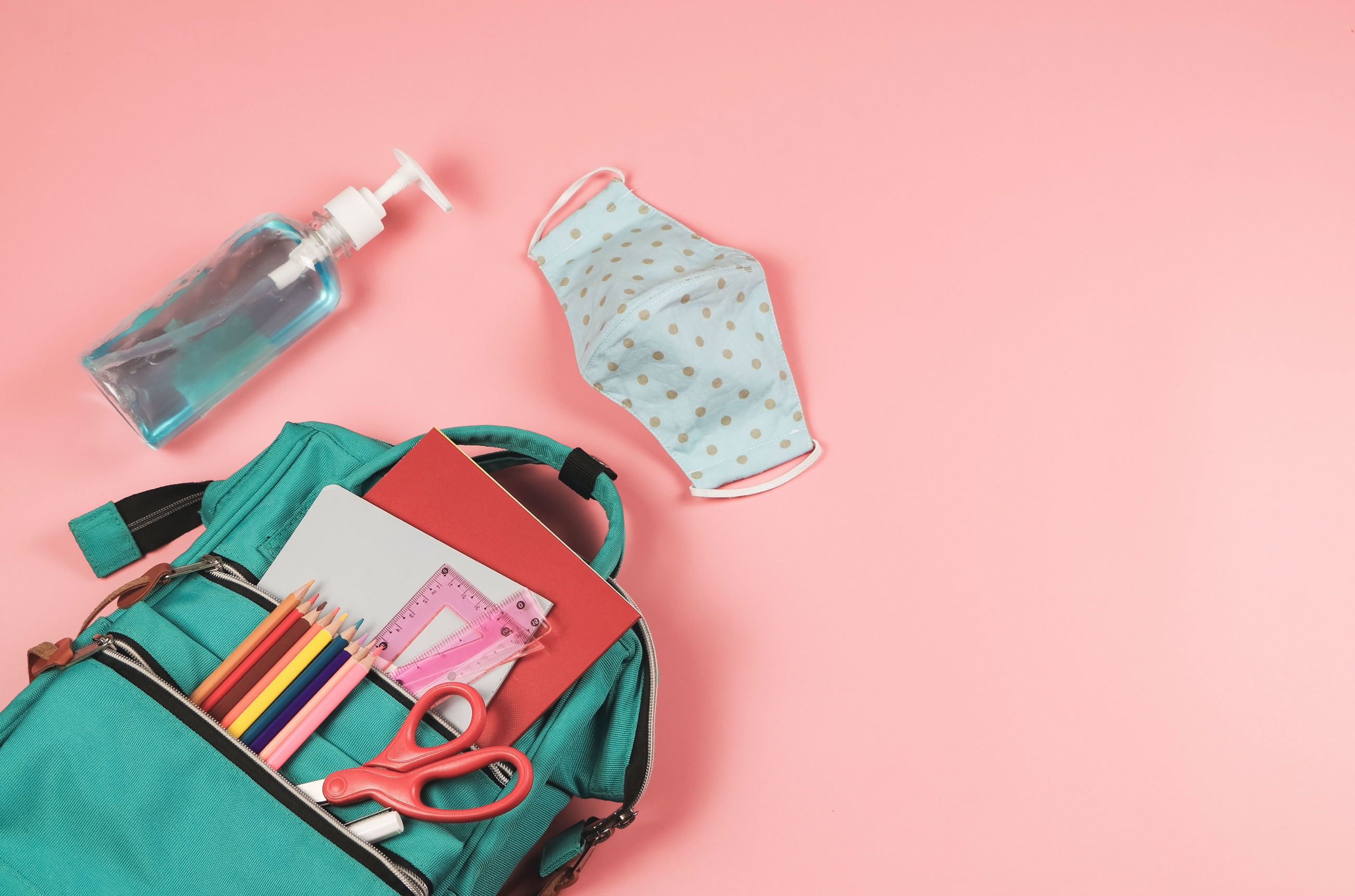 Backpack, sanitizer and mask