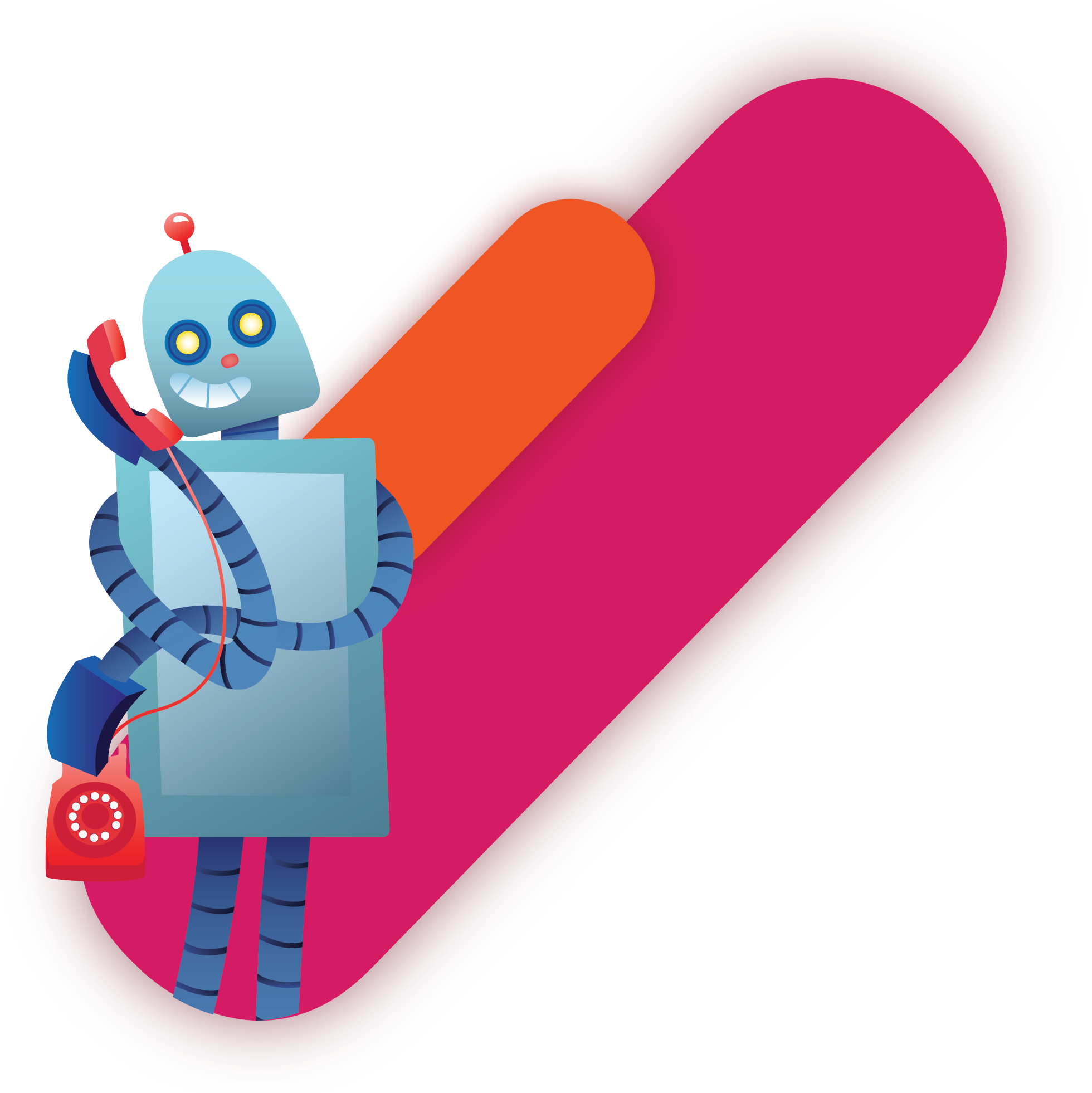 Luck the robot with shapes behind him holding aphone.