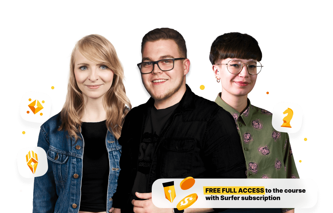 Creators of the SEO Writing Masterclass course. Label with info: Free full access to the course with Surfer subscription.