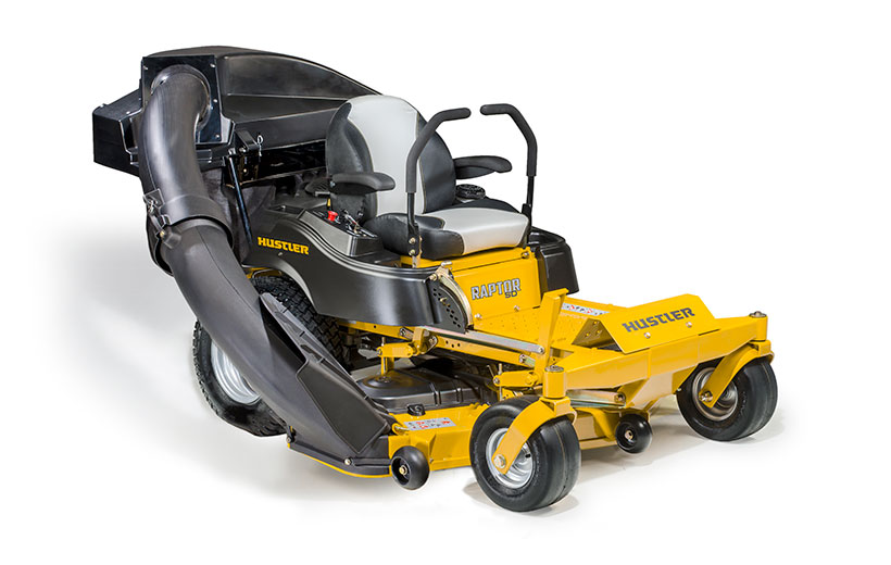Front of a yellow mower with a black 2-bag catcher mounted on the back