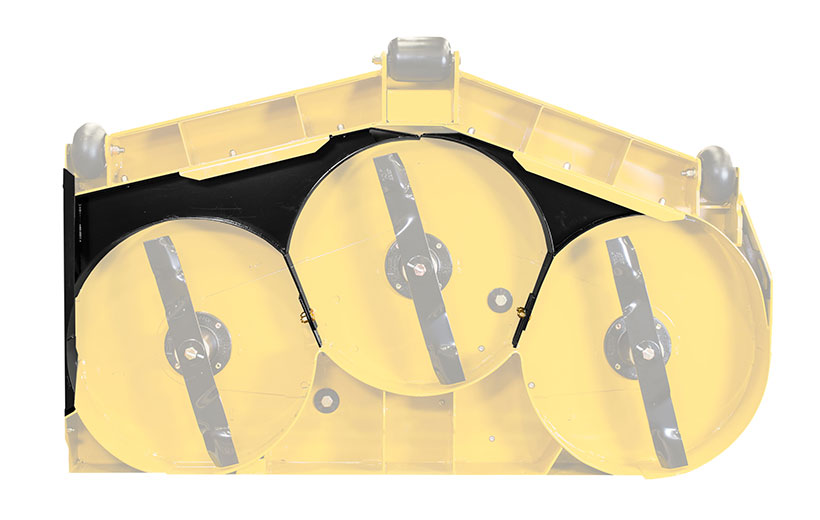 Image of the underside of a mower deck with black plates around mower blades