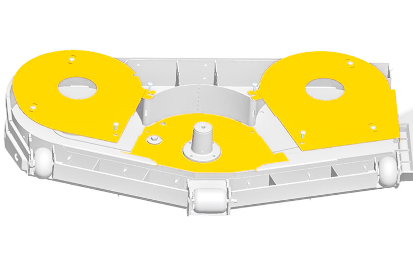 Image of the underside of a mower deck with the sand kit shown in yellow mounted under the deck spindles.
