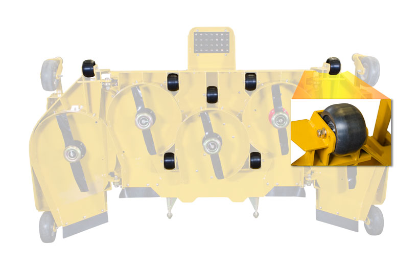 Image of the underside of a 104in deck showing the locations of black wheels with an inset of a close up of a wheel