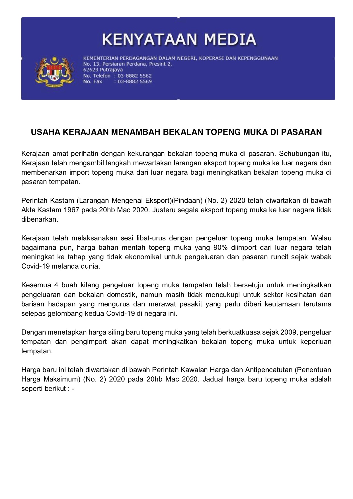 Kenyataan Media Dari Kpdnkk Kerajaan Menambah Bekalan Topeng Muka Media