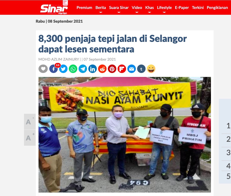 Sinar Harian 8 300 Penjaja Tepi Jalan Di Selangor Dapat Lesen Sementara Inisiatif