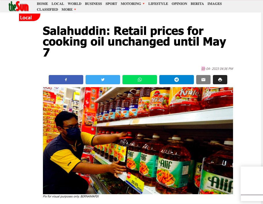 The Sun Daily Retail prices for cooking oil unchanged until May 7