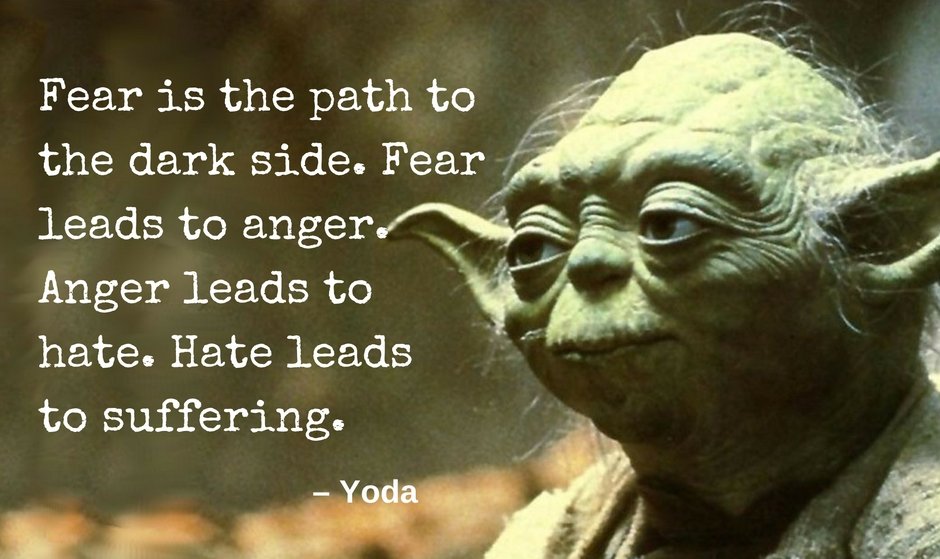 Quote by Yoda: Fear is the path to the dark side. Fear leads to anger. Anger leads to hate. Hate leads to suffering.
