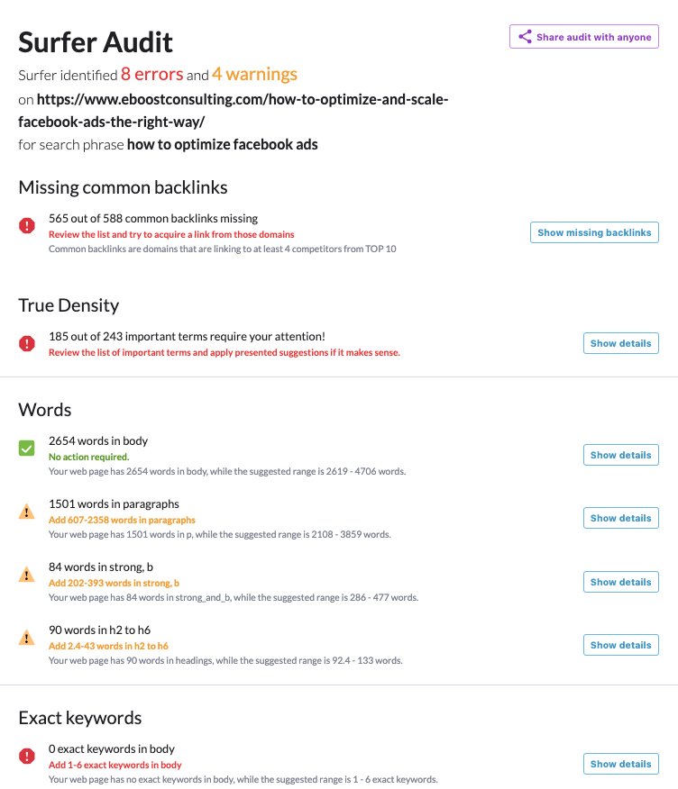 Audit results with many useful SEO tips for a blogger