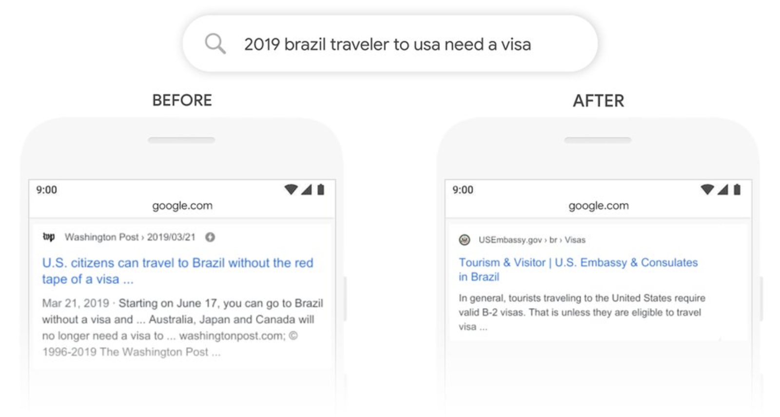 google search results after the bert update - a visa example