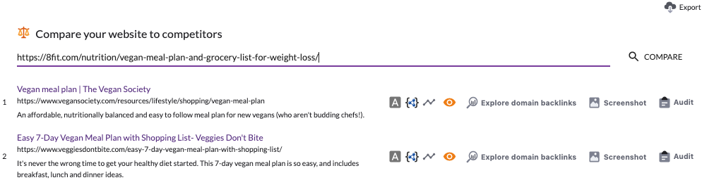 Compare your website segment in Surfer